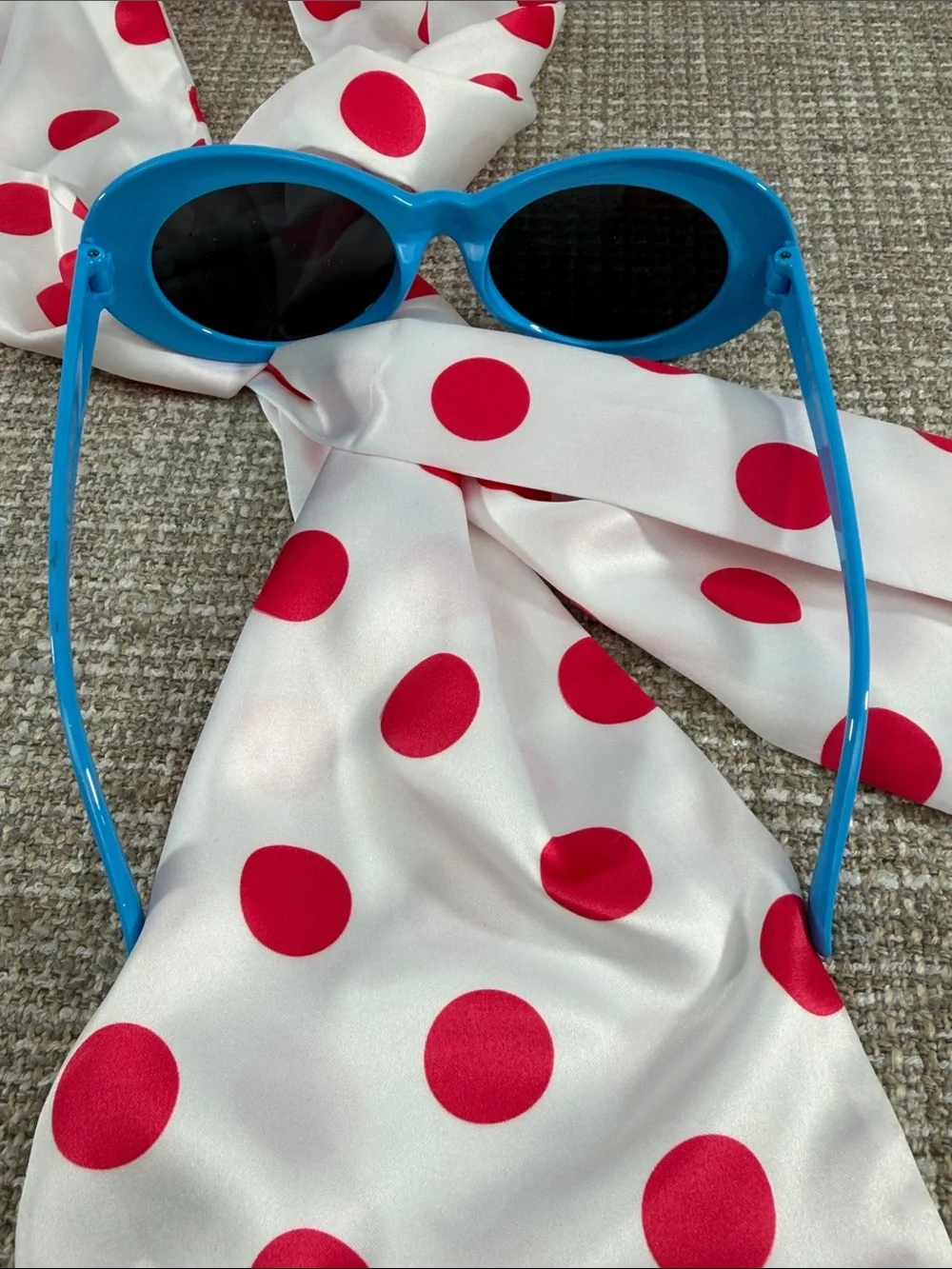 Polka Dot Hair Scarf - Pink on White and blue frame sunglasses 80’s 90’s Ya2K